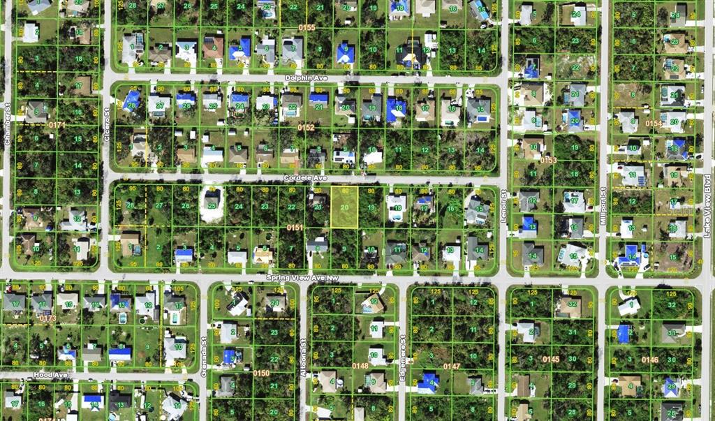 This is an aerial map showing residential lots and streets in a suburban neighborhood — 831 CORDELE AVENUE NW, PORT CHARLOTTE, FL