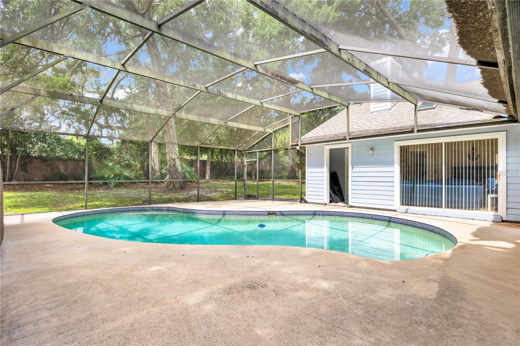 A swimming pool sits on a concrete patio inside a screened-in enclosure behind a house — 170 OAK VIEW CIRCLE, LAKE MARY, FL