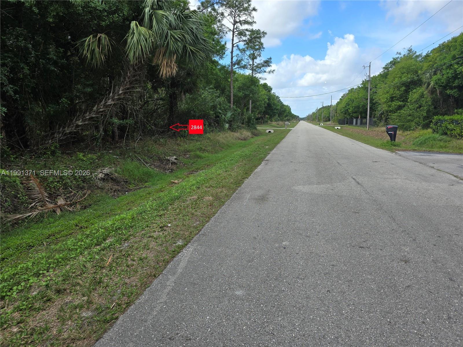 A paved road runs alongside a wooded, undeveloped lot marked with a red address sign — 2844 70th Ave NE, Naples FL 34120, NAPLES, FL