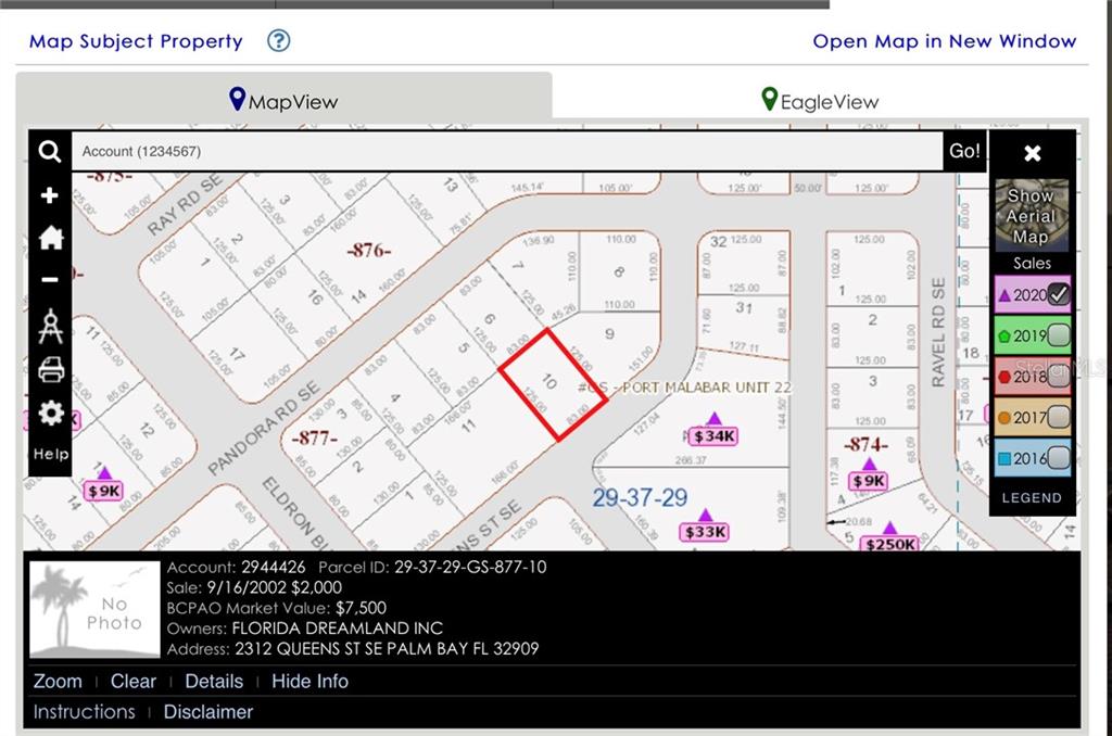 This is a digital map showing property parcel boundaries and ownership information for a specific lot — 2312 QUEENS STREET SE, PALM BAY, FL