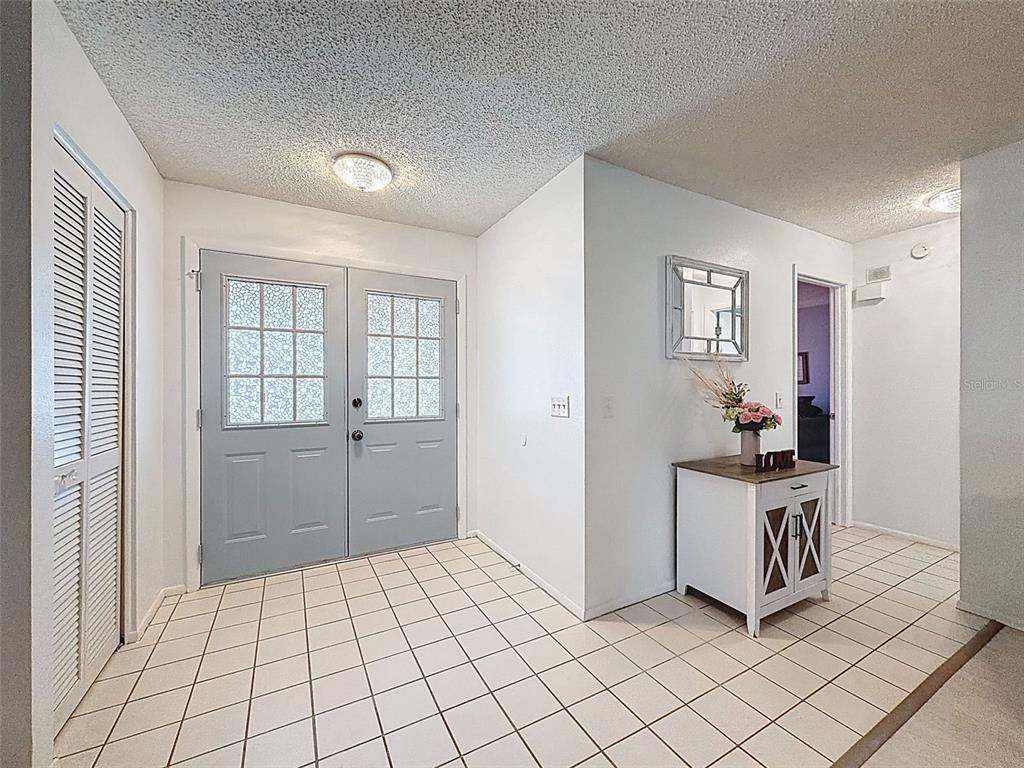 An entryway features light blue double doors, white tile flooring, and a small wooden cabinet — 10654 FALLEN LEAF LANE, PORT RICHEY, FL