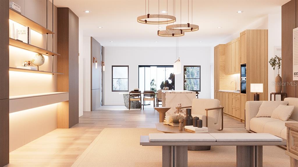 A rendering of a modern open-concept living room and kitchen with light wood cabinetry — TBD SE HWY 464, OCKLAWAHA, FL