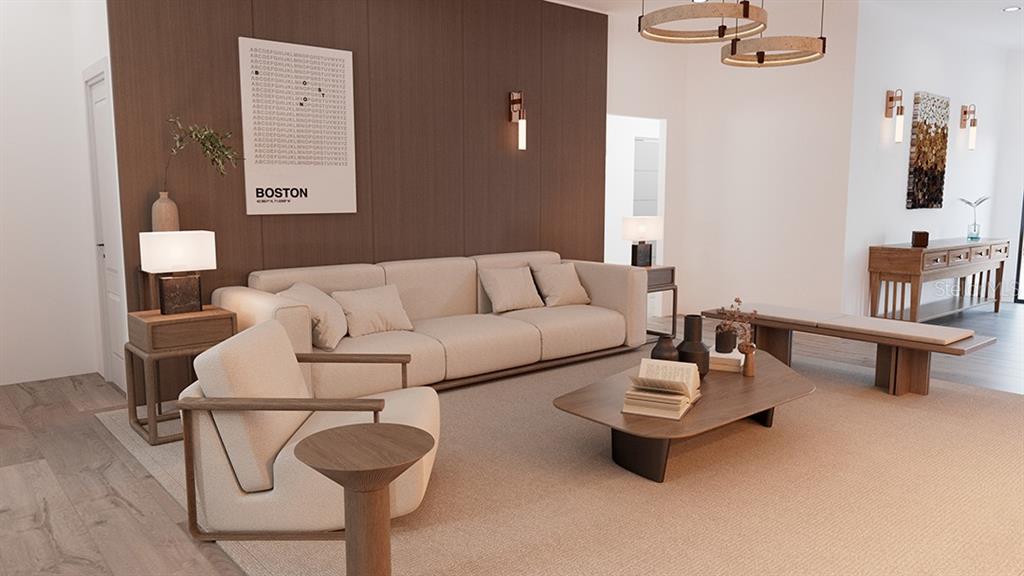This is a rendering of a modern living room featuring a beige sofa and wood accents — TBD SE HWY 464, OCKLAWAHA, FL