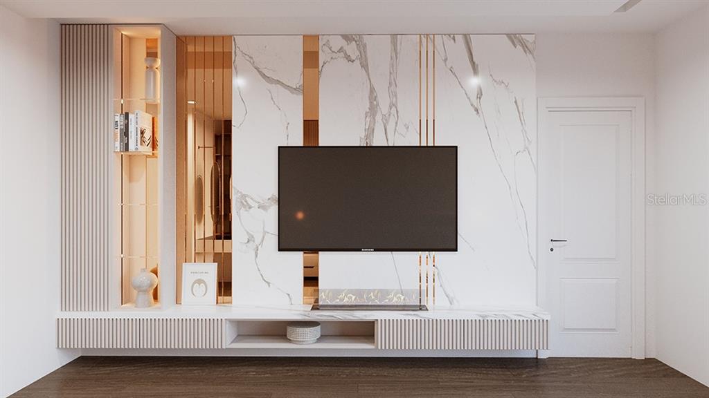 This is a rendering of a modern living room wall featuring a television and fireplace — TBD SE HWY 464, OCKLAWAHA, FL