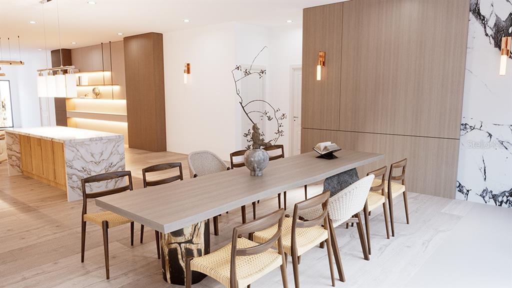 This rendering shows a modern dining area with a long wooden table and woven chairs — TBD SE HWY 464, OCKLAWAHA, FL