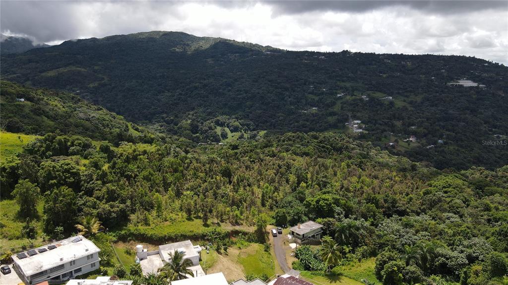 An aerial view shows houses nestled in a lush, mountainous landscape under a cloudy sky — 185 Km. 5.8 BO CAMPO RICO SECTOR PENIEL, CANOVANAS, PR