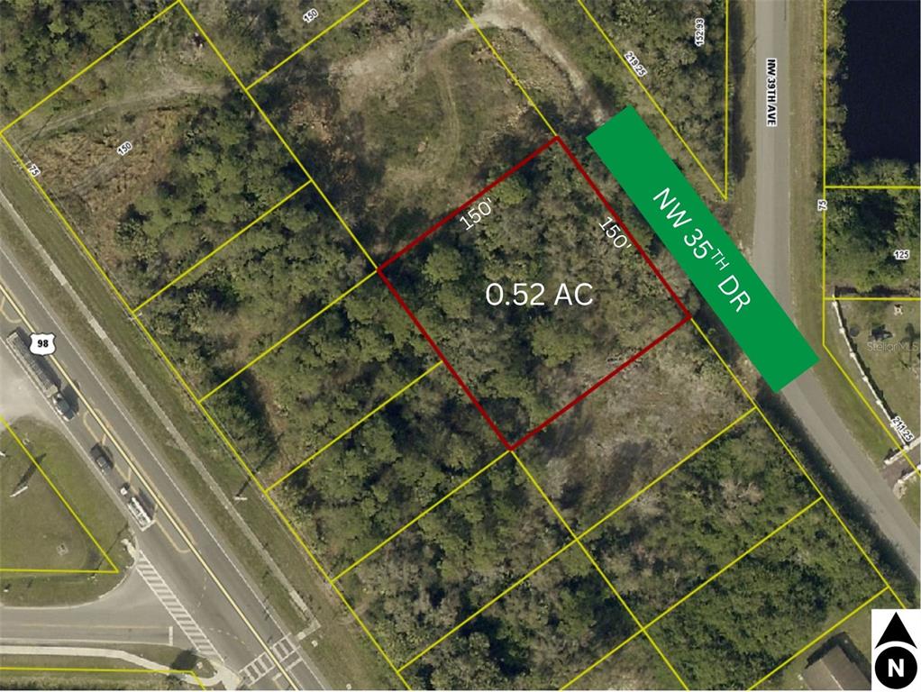 An aerial map shows a rectangular 0.52-acre plot of land highlighted in red — 3093 NW 35TH DRIVE, OKEECHOBEE, FL