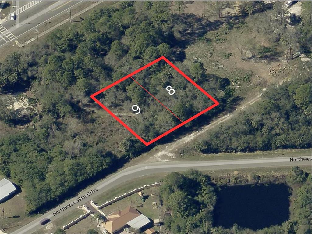 An aerial view shows two adjacent, undeveloped rectangular lots outlined in red — 3093 NW 35TH DRIVE, OKEECHOBEE, FL