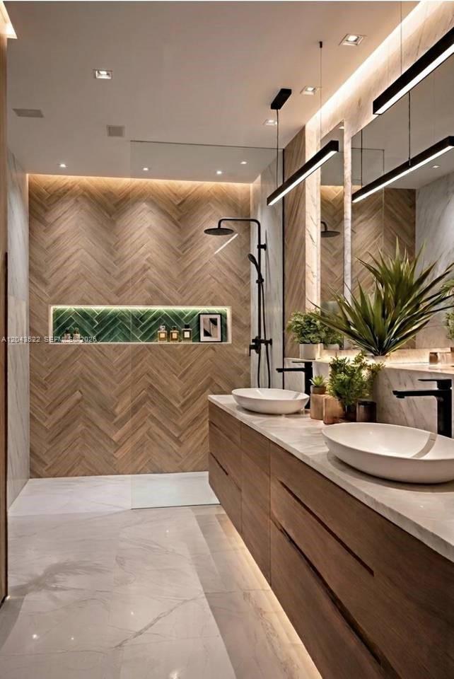 A modern bathroom features a herringbone wood-tiled shower, double vessel sinks, and marble flooring — 0 vista cana, FL
