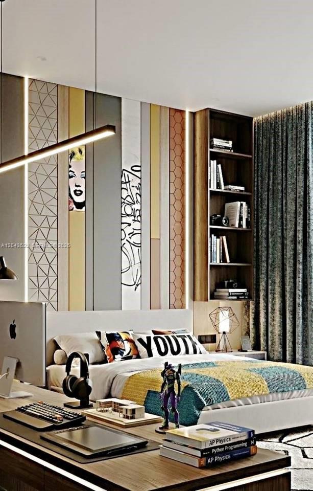 This rendering shows a modern bedroom with a desk, bookshelf, and decorative wall panels — 0 vista cana, FL