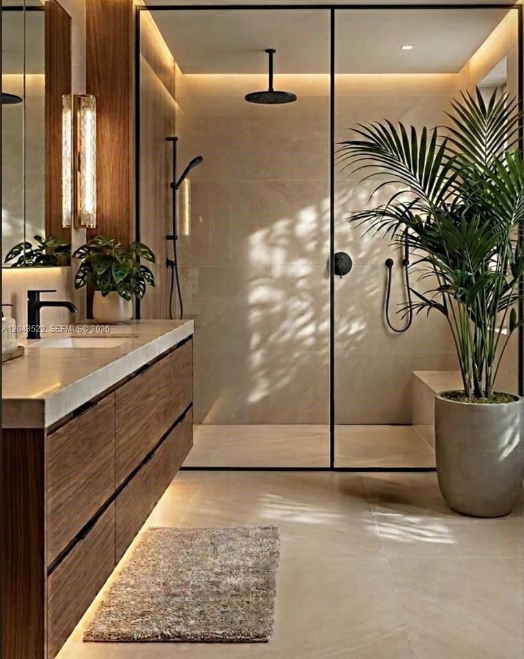 A modern bathroom features a wood vanity, a glass-enclosed walk-in shower, and a potted plant — 0 vista cana, FL