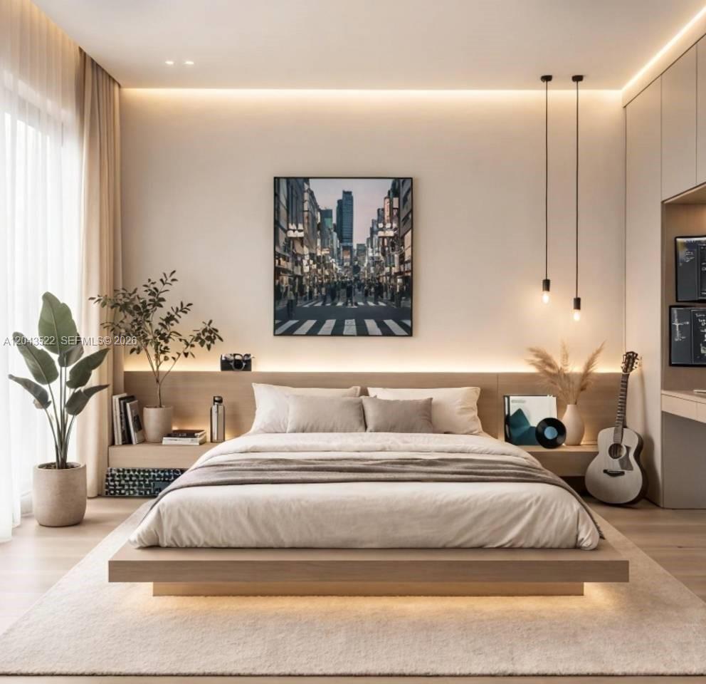This rendering shows a modern bedroom with a platform bed, recessed lighting, and minimalist decor — 0 vista cana, FL