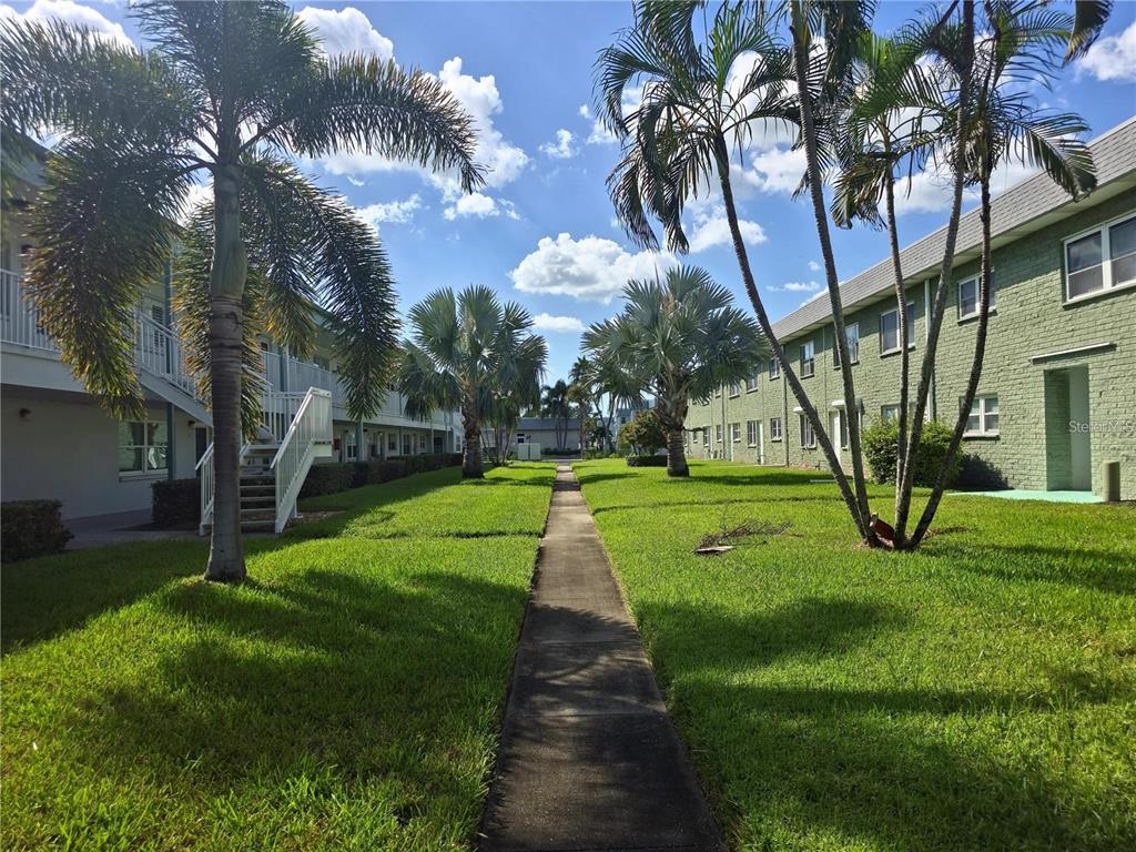 A concrete walkway leads between two apartment buildings surrounded by palm trees and green lawns — 5267 81ST STREET N UNIT 5, ST PETERSBURG, FL