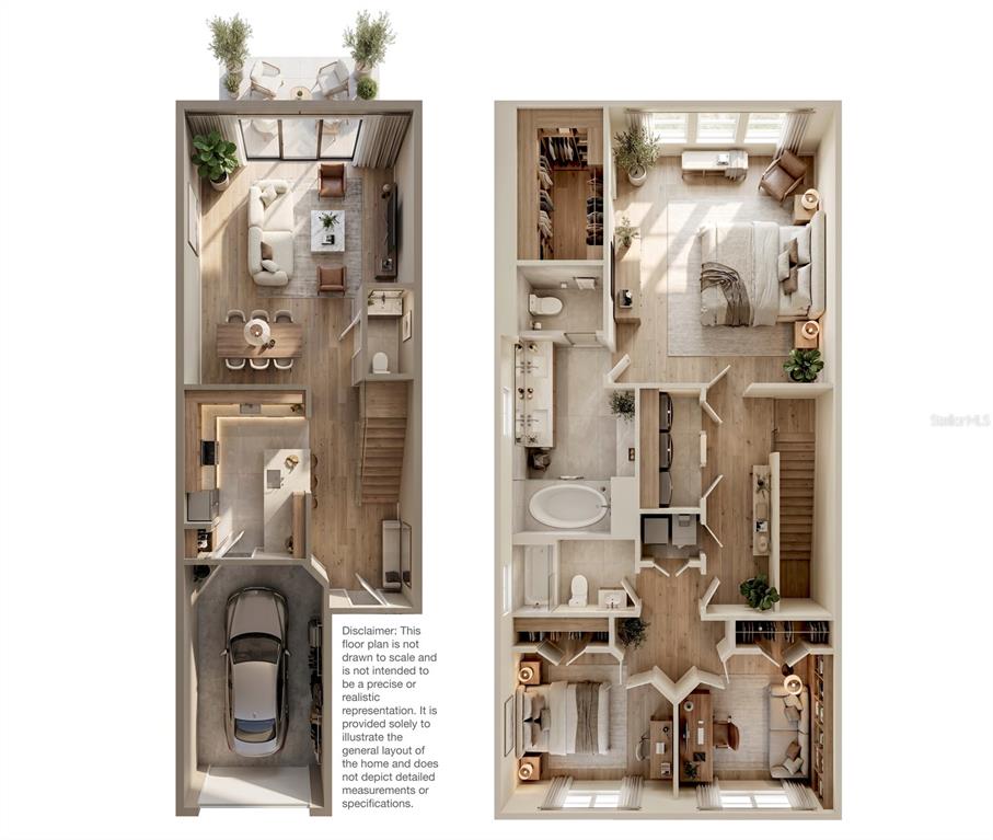 This is a 3D floor plan rendering of a two-story home with a garage — 6206 CASTELVEN DRIVE UNIT 104, ORLANDO, FL