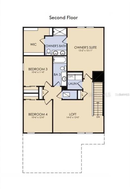 This floor plan shows the second level of a home with four bedrooms, a loft, and laundry — 1297 REGAL KING DRIVE, KISSIMMEE, FL