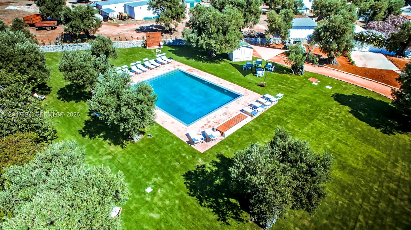 An aerial view shows a rectangular swimming pool surrounded by lounge chairs and trees — AR
