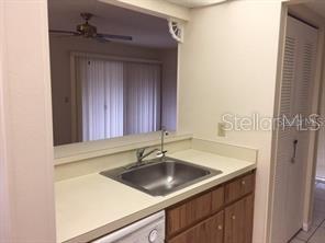 A kitchen sink and countertop are shown with a pass-through window looking into another room — 120 HIBISCUS WOODS COURT UNIT 10B, DELTONA, FL