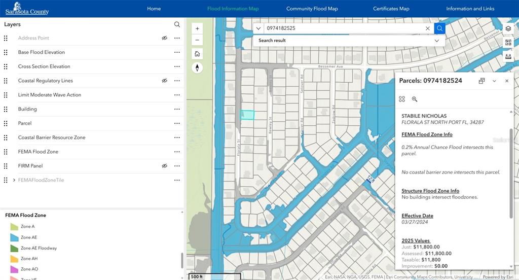This is a digital map showing a property parcel and its associated FEMA flood zone information — FLORALA STREET, NORTH PORT, FL