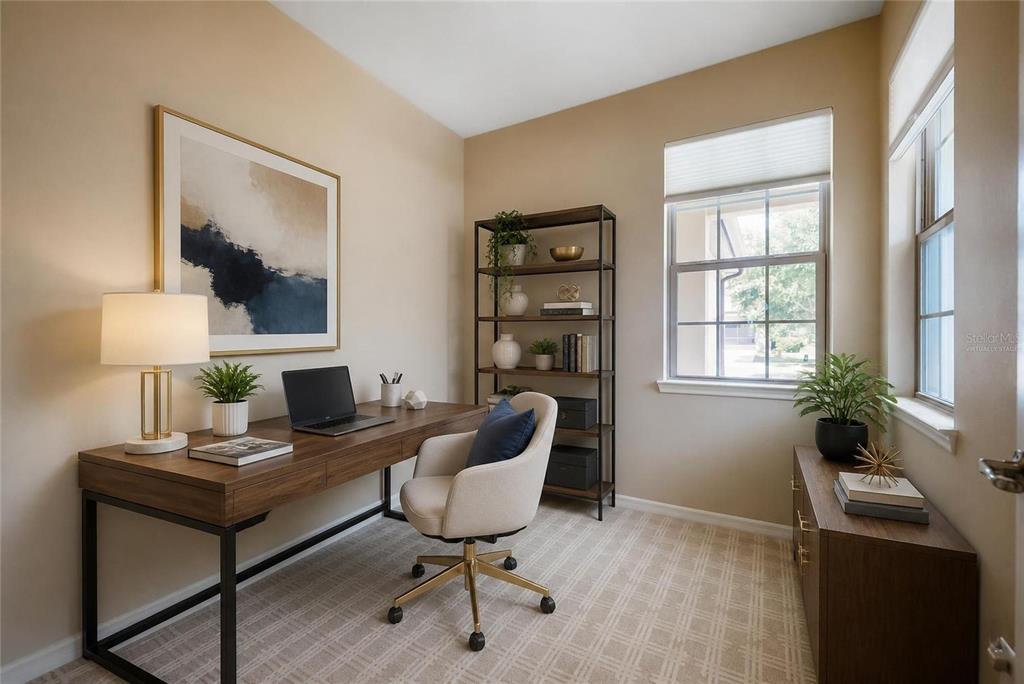 A home office with a wooden desk, an upholstered chair, and a metal bookshelf — 7199 SW 91ST COURT, OCALA, FL