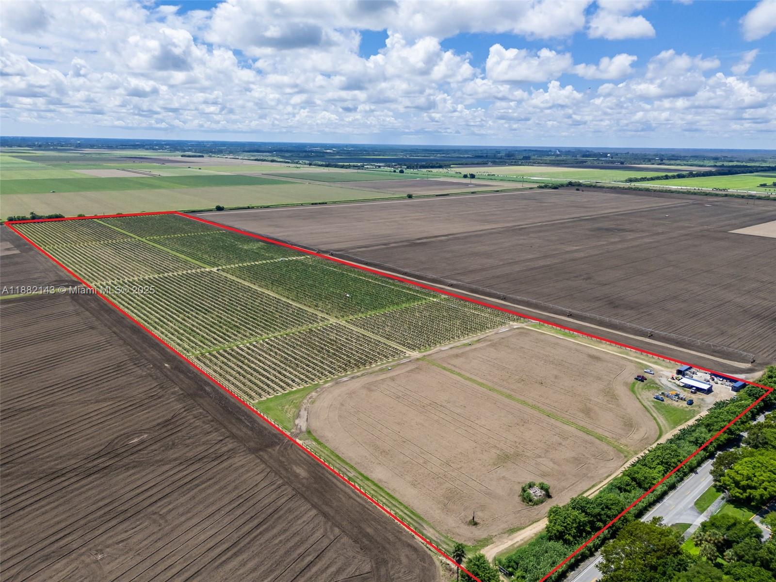 An aerial view shows a large agricultural plot outlined in red with crops and buildings — SW MIAMI-DADE, Miami FL 33196, MIAMI, FL