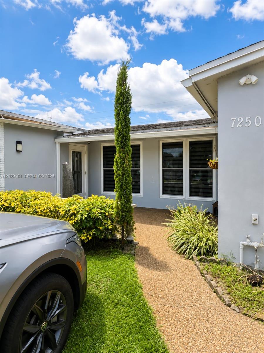 A paved walkway leads to the entrance of a gray house with a tall evergreen — 7250 Dilido Blvd, Miramar FL 33023, MIRAMAR, FL