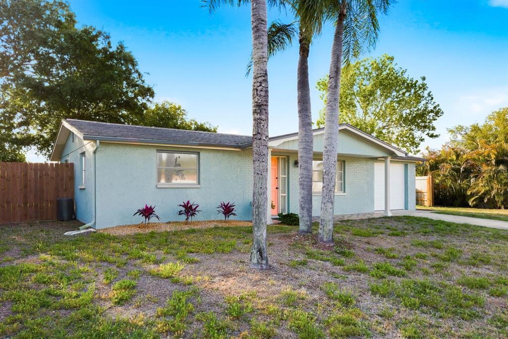 A light blue, single-story house with a coral front door and three palm trees — 1958 ESSEX DRIVE, HOLIDAY, FL