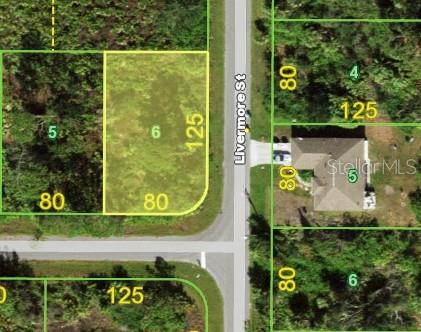 This is a map showing a vacant residential lot highlighted in yellow on Livermore Street — 14068 KLEFF AVENUE, PORT CHARLOTTE, FL