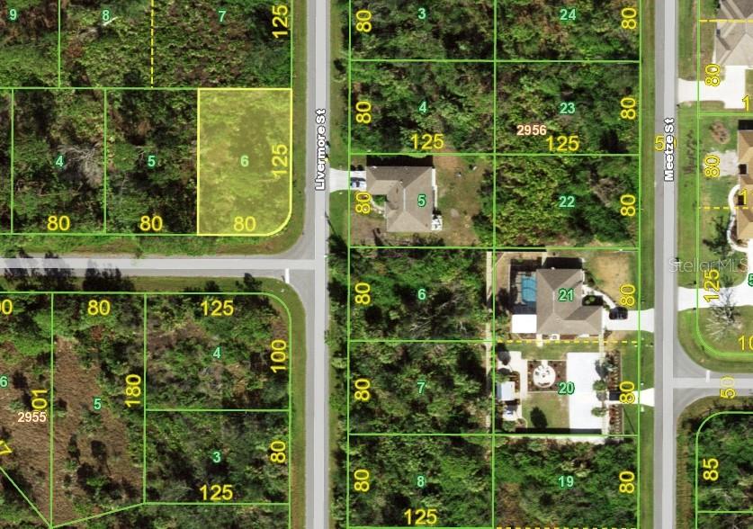 This is a satellite map view showing residential land plots and existing houses — 14068 KLEFF AVENUE, PORT CHARLOTTE, FL