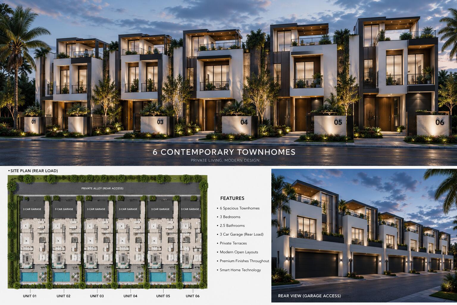 A rendering shows six modern townhomes with private terraces, rear-load garages, and a site plan — 1800 N Sherman Circle, Miramar FL 33025, MIRAMAR, FL