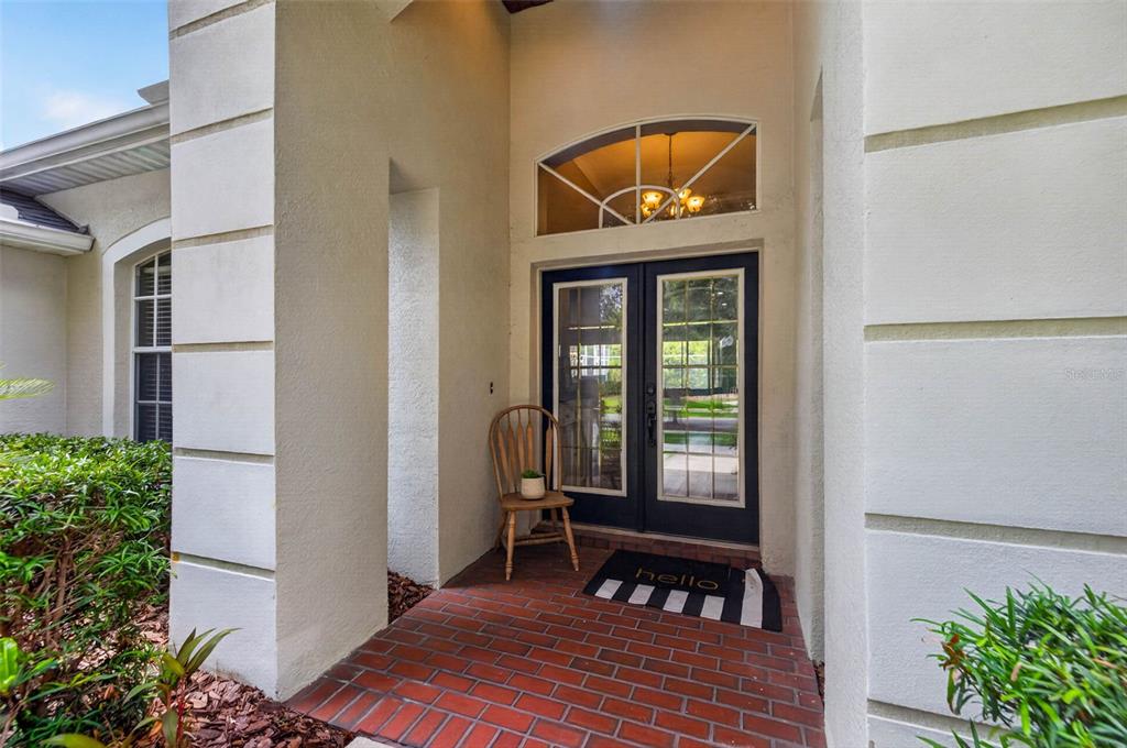 A front entryway features a brick porch, double glass doors, and a wooden chair — 18127 HERON WALK DRIVE, TAMPA, FL