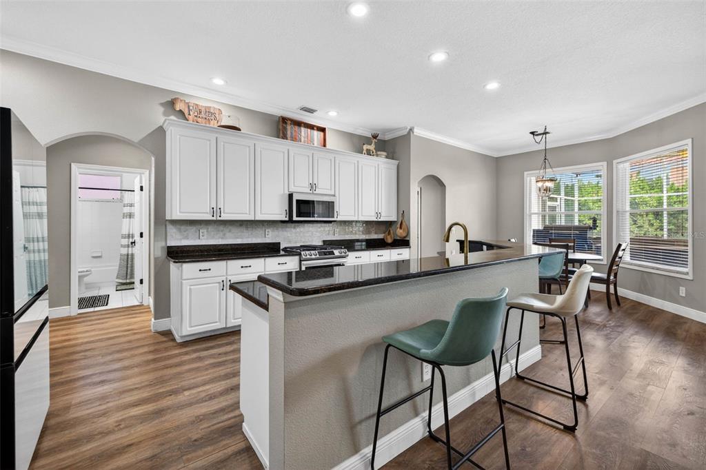 A kitchen with white cabinets, dark countertops, a breakfast bar, and wood-look flooring — 18127 HERON WALK DRIVE, TAMPA, FL