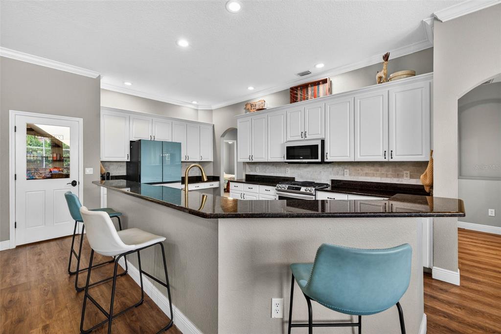 A kitchen features white cabinets, dark granite countertops, a breakfast bar, and three stools — 18127 HERON WALK DRIVE, TAMPA, FL