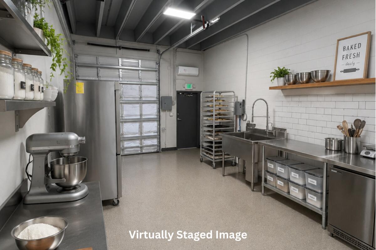 This is a virtually staged image of a commercial kitchen with stainless steel prep tables — 1211 Old Okeechobee Road, West Palm Beach FL 33401, WEST PALM BEACH, FL