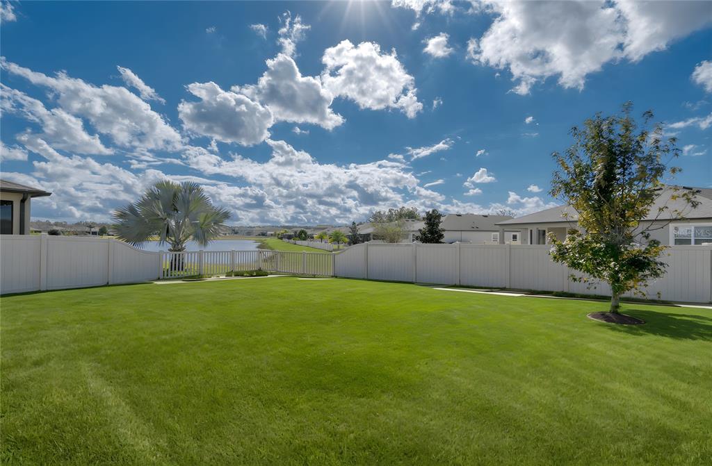 A grassy backyard features a white vinyl fence, a small tree, and a distant pond — 18576 OBREGAN DRIVE, SPRING HILL, FL