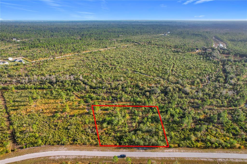 An aerial view shows a rectangular plot of land outlined in red beside a road — LOT 81 MEADOW LARK BOULEVARD, LAKE WALES, FL