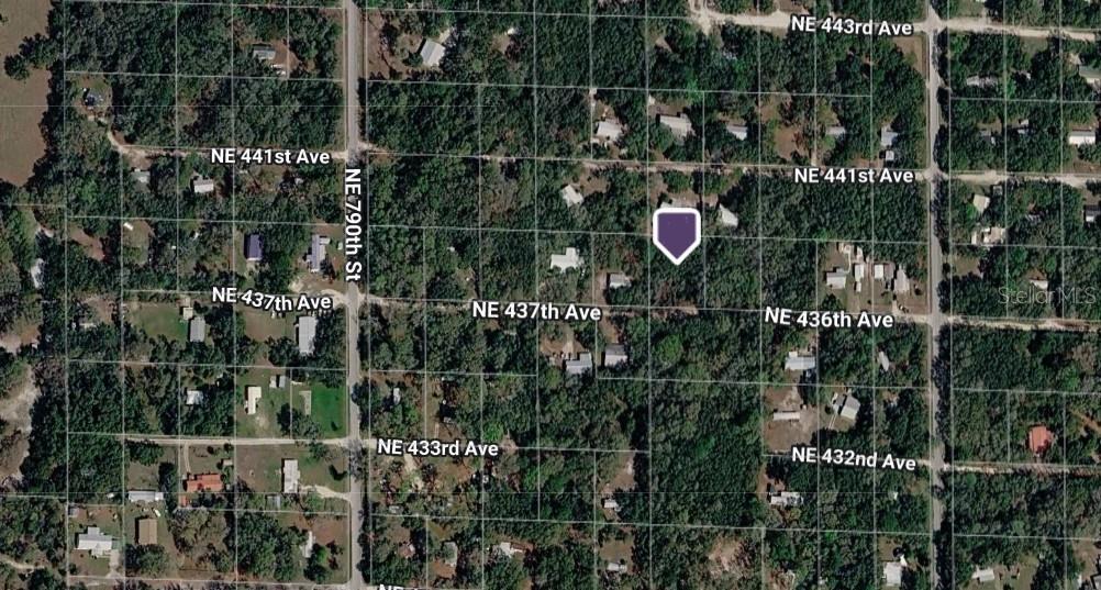 This is an aerial map view showing a wooded residential area with a highlighted property — 0 NE 437TH AVE, OLD TOWN, FL