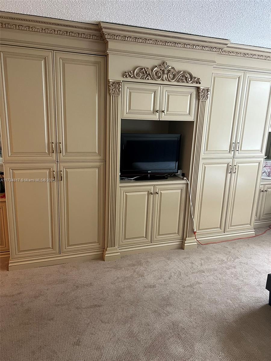 A large, beige built-in wall unit with ornate molding and cabinetry surrounds a television — 9801 Collins Ave # 17J, Bal Harbour FL 33154, BAL HARBOUR, FL