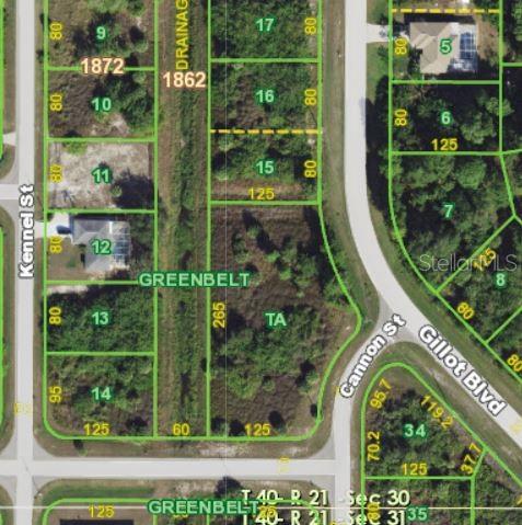 This is a satellite map view showing residential lots, streets, and greenbelt areas — 4499 GILLOT BOULEVARD, PORT CHARLOTTE, FL