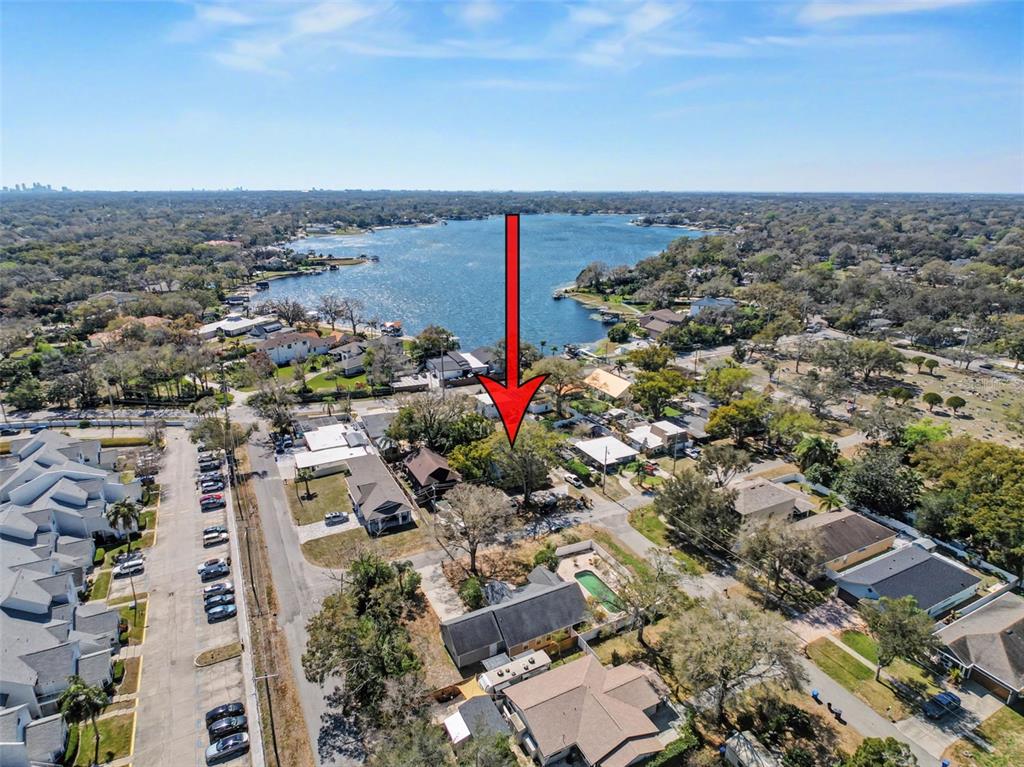 An aerial view shows a residential neighborhood with a red arrow pointing toward a house — 2206 HOWARD LANE, TAMPA, FL