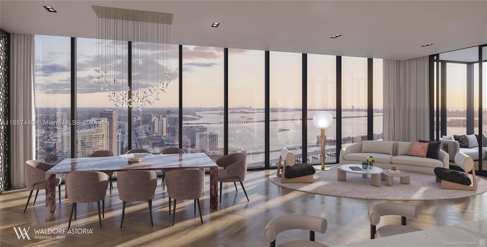 This rendering shows a modern dining and living area with floor-to-ceiling windows overlooking a city — 300 N Biscayne Blvd # 8602, Miami FL 33132, MIAMI, FL