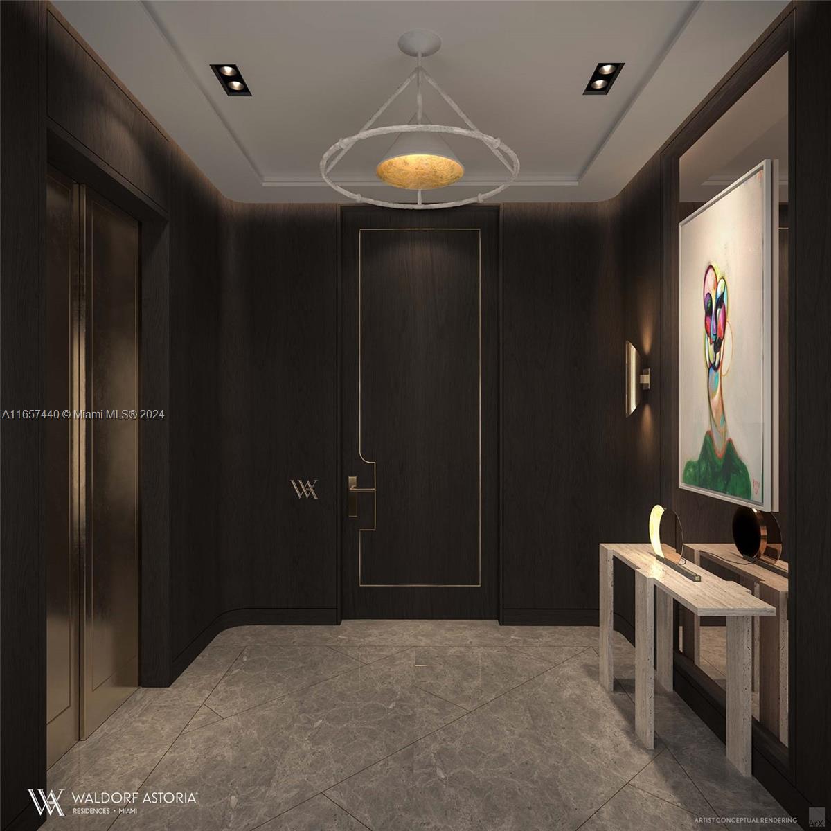 This rendering shows a modern entryway with dark wood walls, marble flooring, and a chandelier — 300 N Biscayne Blvd # 8602, Miami FL 33132, MIAMI, FL