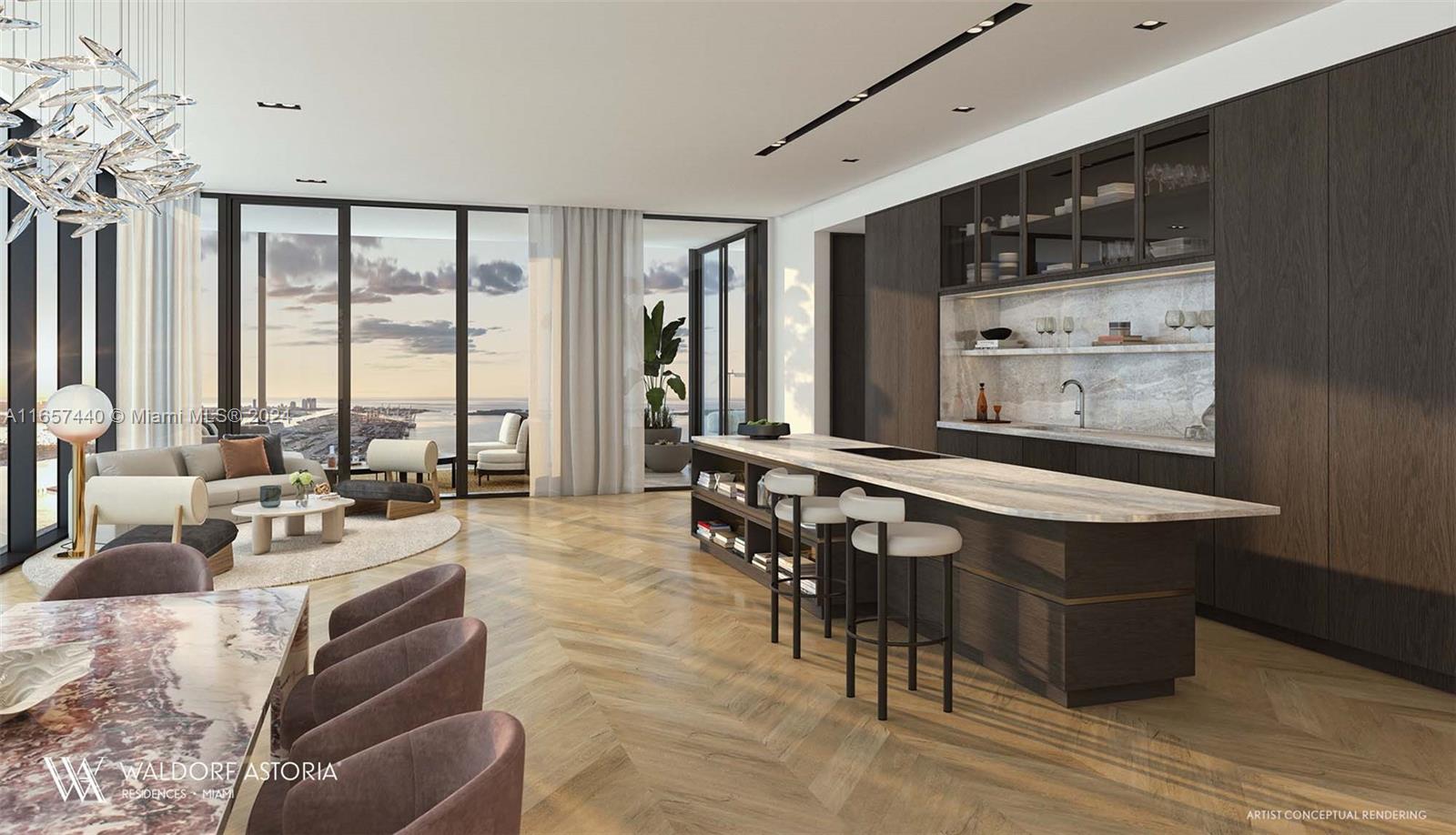 This artist conceptual rendering shows a modern open-concept kitchen and living area with hardwood floors — 300 N Biscayne Blvd # 8602, Miami FL 33132, MIAMI, FL