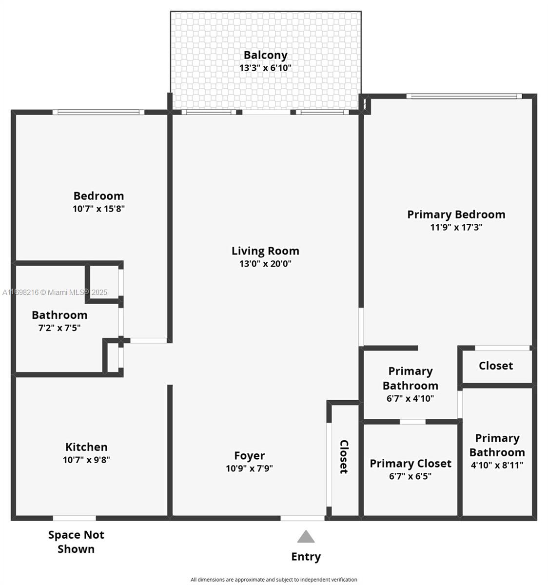 This is a floor plan for a two-bedroom apartment with a balcony and two bathrooms — 5700 Collins Ave # 5B, Miami Beach FL 33140, MIAMI BEACH, FL