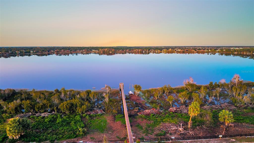 An aerial view of a wooden dock extending into a calm lake from a shoreline — 19313 LOCHSIDE LANE, MOUNT DORA, FL