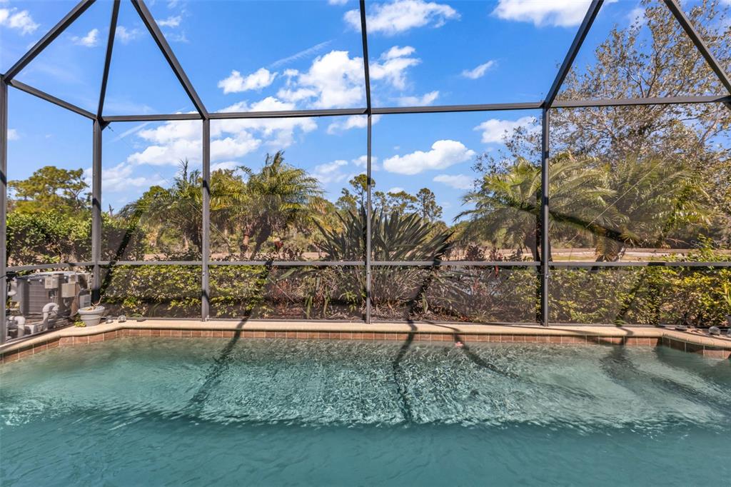 A swimming pool sits inside a screened-in lanai with a view of trees and sky — 11542 BLACKFIN STREET, VENICE, FL