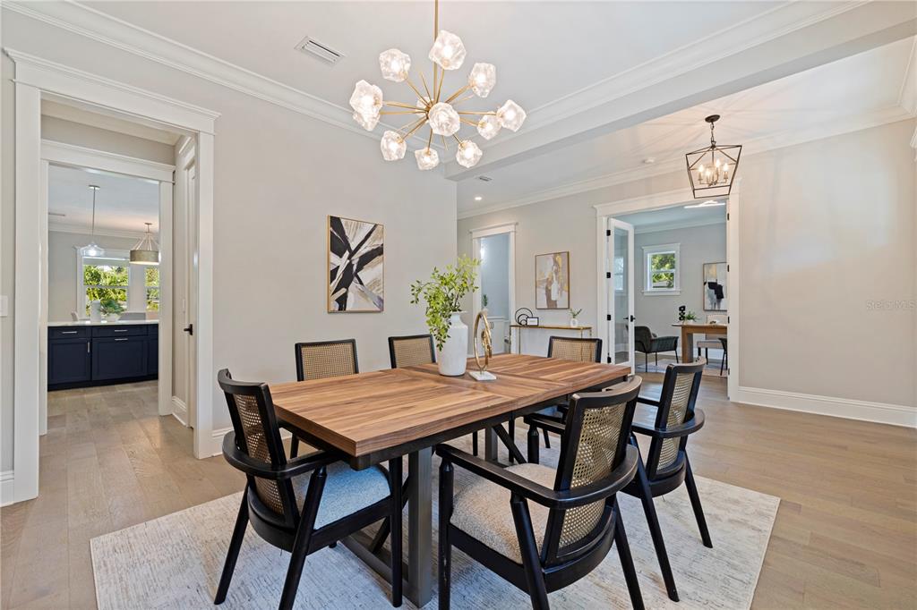 A dining room features a wooden table, cane-back chairs, and a modern sputnik chandelier — 1001 CORDOVA BOULEVARD NE, ST PETERSBURG, FL