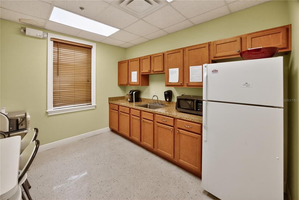 A breakroom features wooden cabinets, a granite countertop, a sink, a microwave, and a refrigerator — 733 COUNTY ROAD 466, LADY LAKE, FL