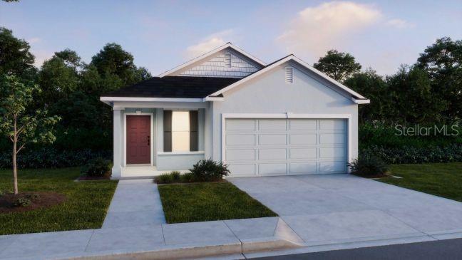 A digital rendering of a single-story suburban house with a two-car garage and red door — 3928 BLUETHREAD WAY, POINCIANA, FL