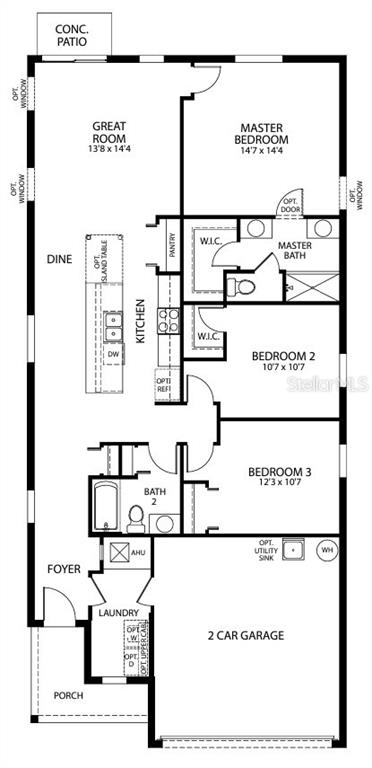 This is a floor plan for a three-bedroom, two-bathroom home with a two-car garage — 3928 BLUETHREAD WAY, POINCIANA, FL