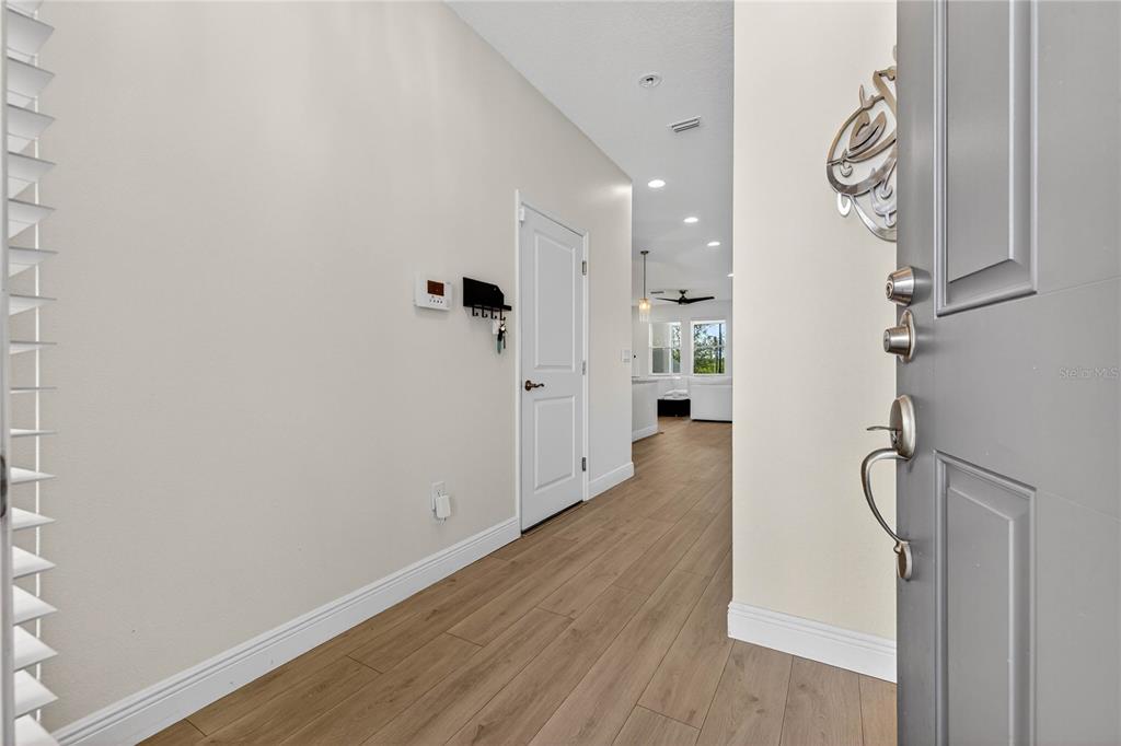 A view from an open front door into a hallway with wood-look flooring — 8128 MUDDY PINES PLACE, TAMPA, FL